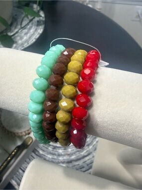 Faceted Bead Stretch Bracelet Set — Mint, Brown, Mustard, Red